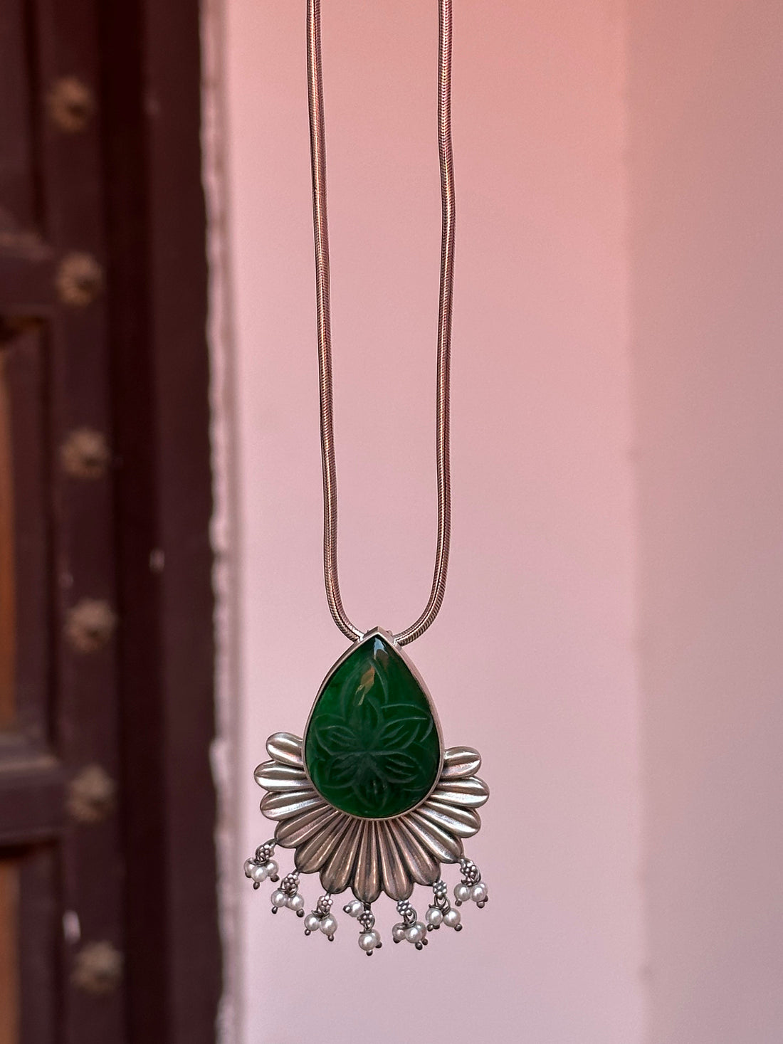Emerald Stone Floral Silver Oxidised Pendant