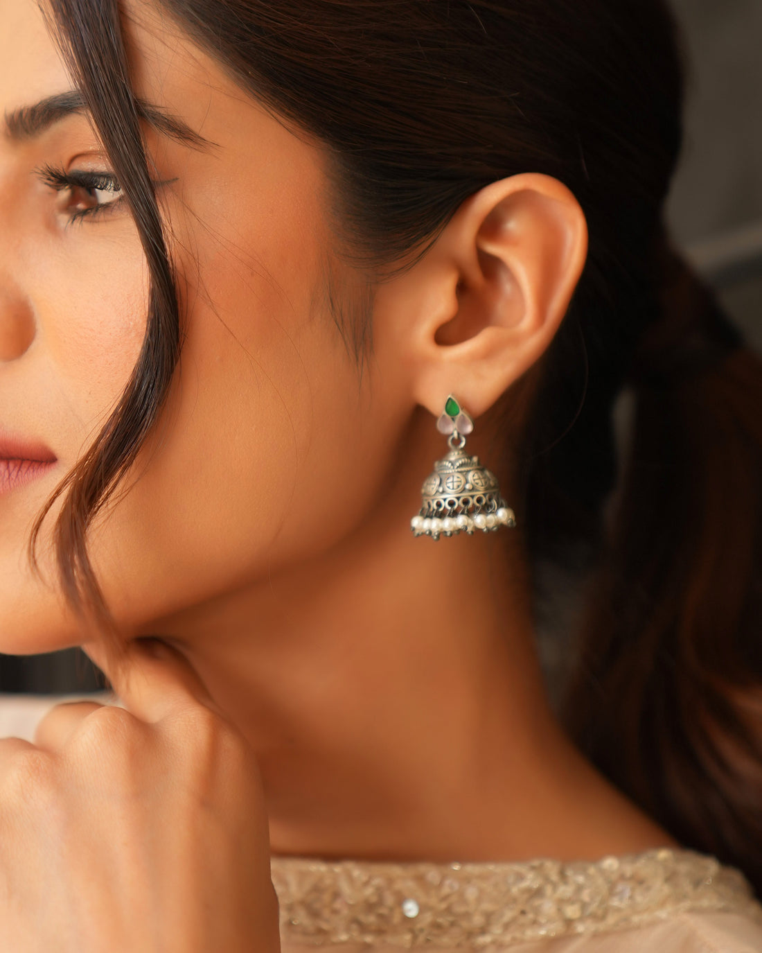 Minimal Oxidised Silver Earrings with Stones