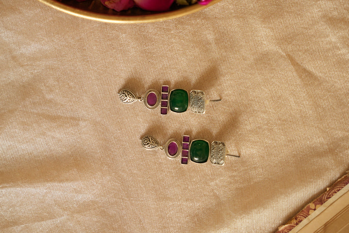 Geometric Gemstone Oxidised Silver Earring
