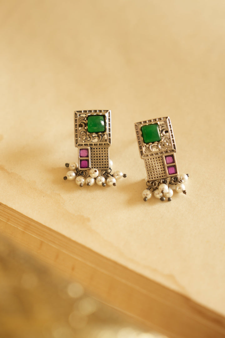 Geometric Charm Oxidised Silver Earrings