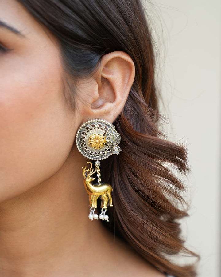 Dual-Tone Long Earrring with Hanging Deer Motif