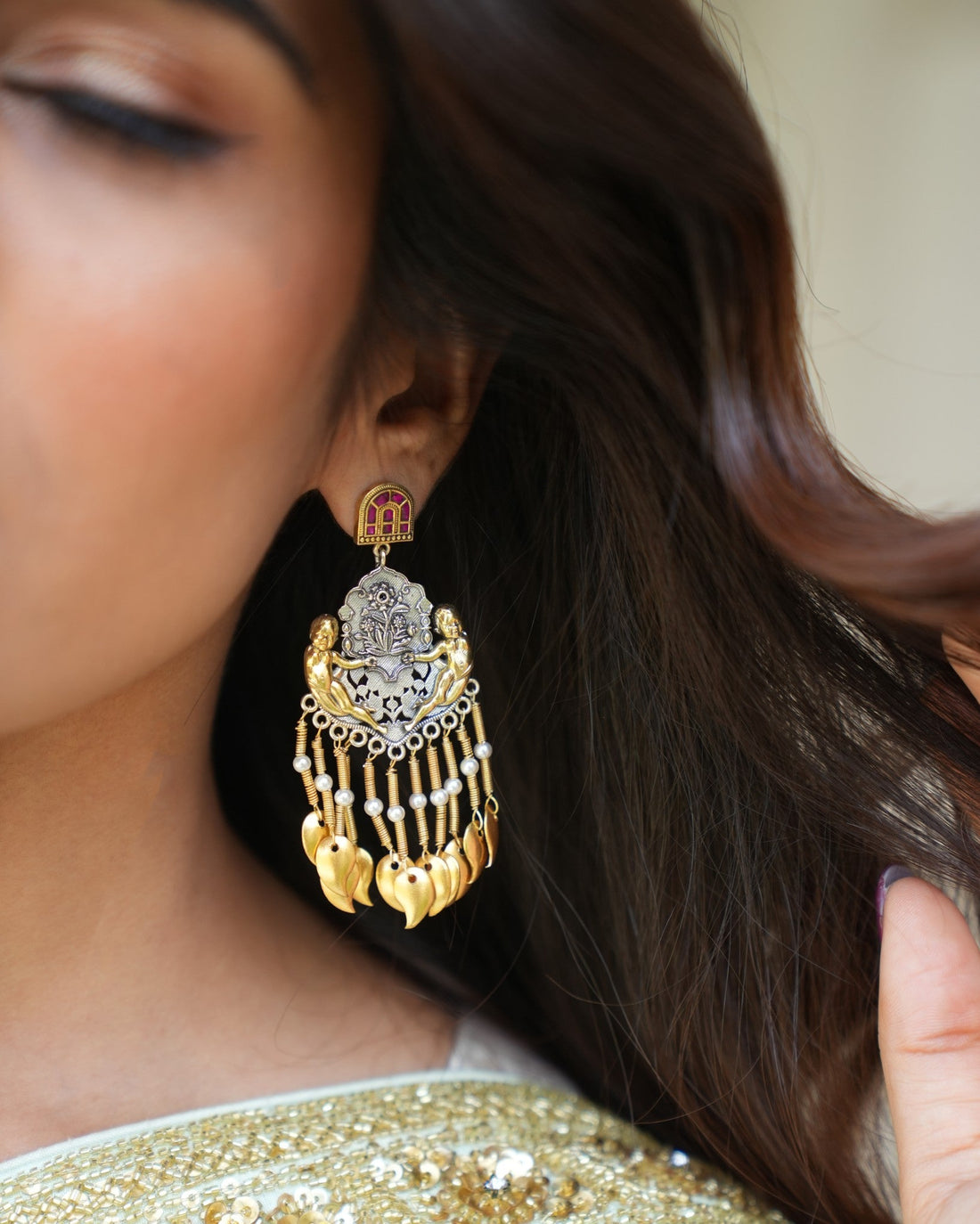 Long Silver Earrings with Cascading Danglers