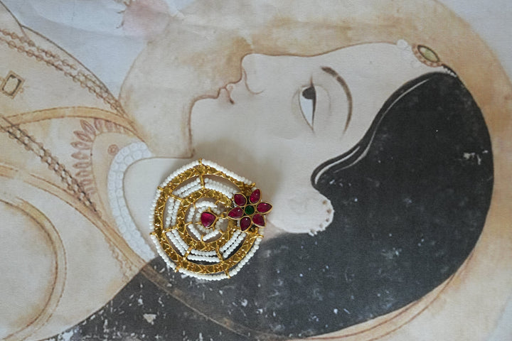 Floral Studded Silver Earring with Pearl Work