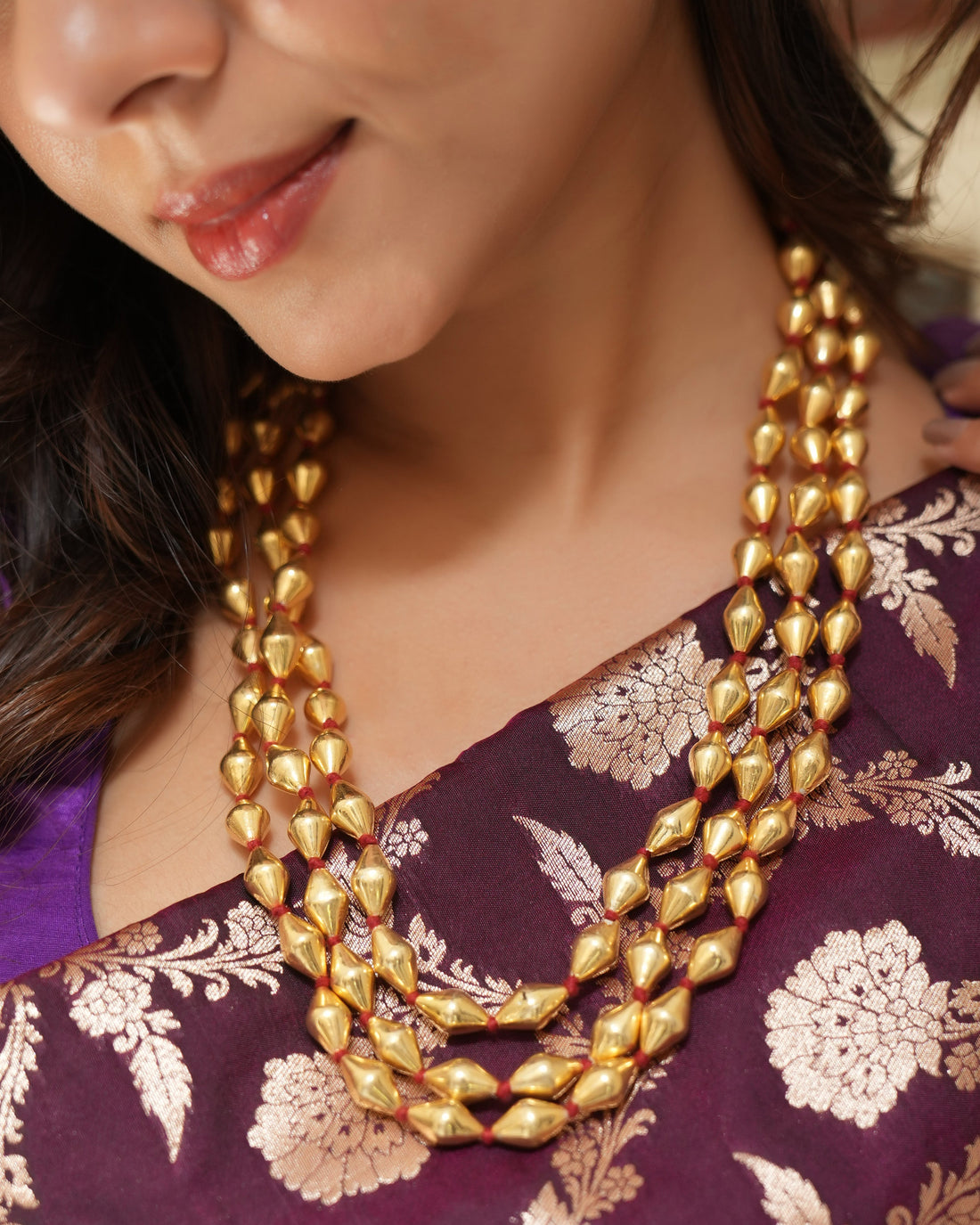 Gold Tone triple layer Dholki Necklace