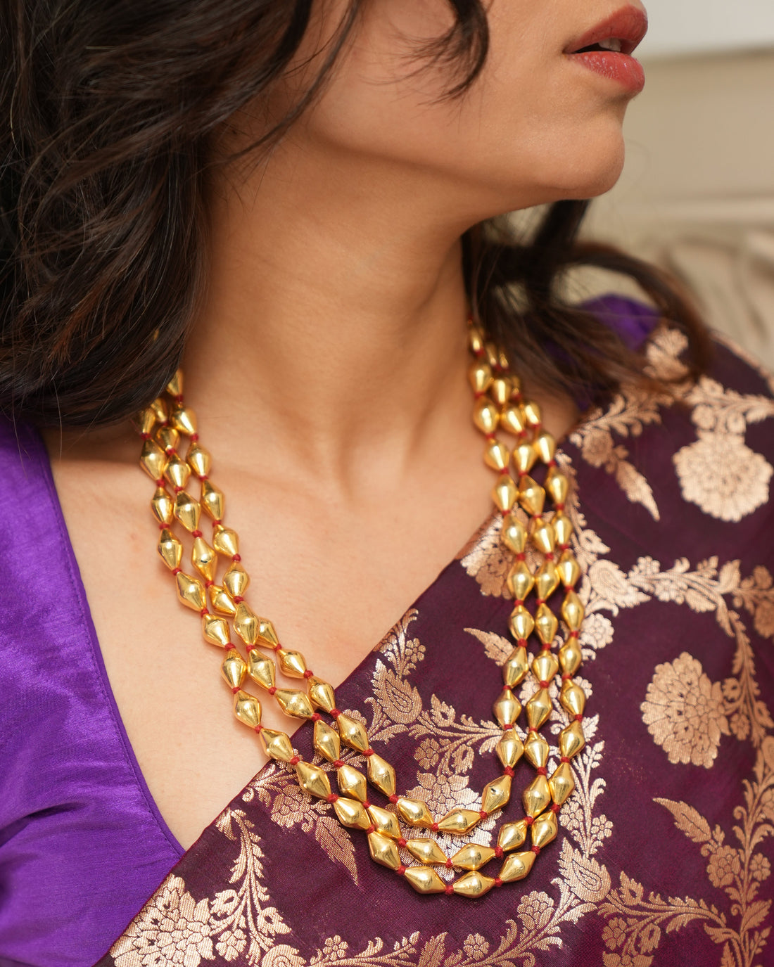 Gold Tone triple layer Dholki Necklace