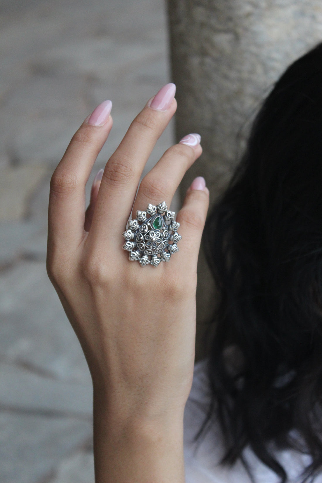 Silver Emerald drop shape Ring