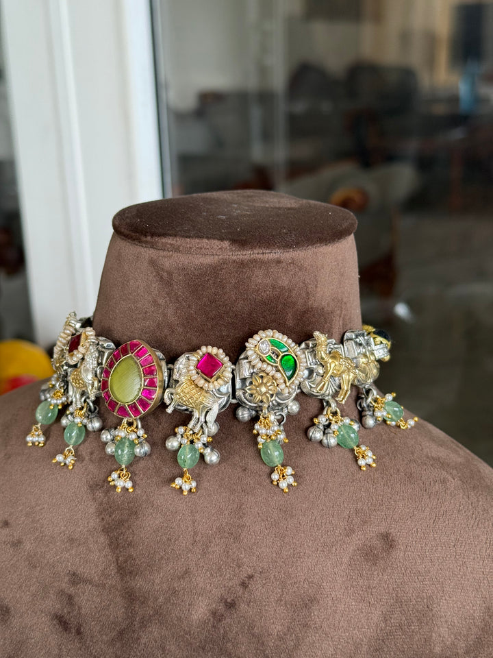 Silver Nawabi charm choker set with earrings