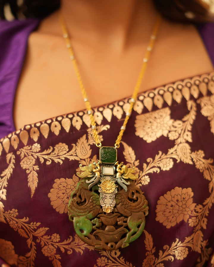 Statement Long Silver Pendant with Detailed  Carved Stone Centerpiece