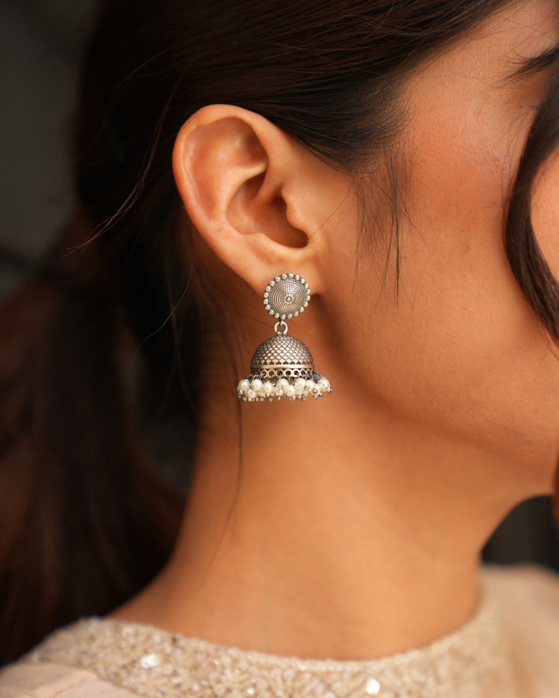 Oxidised Silver Earrings with Delicate Pearl Poai