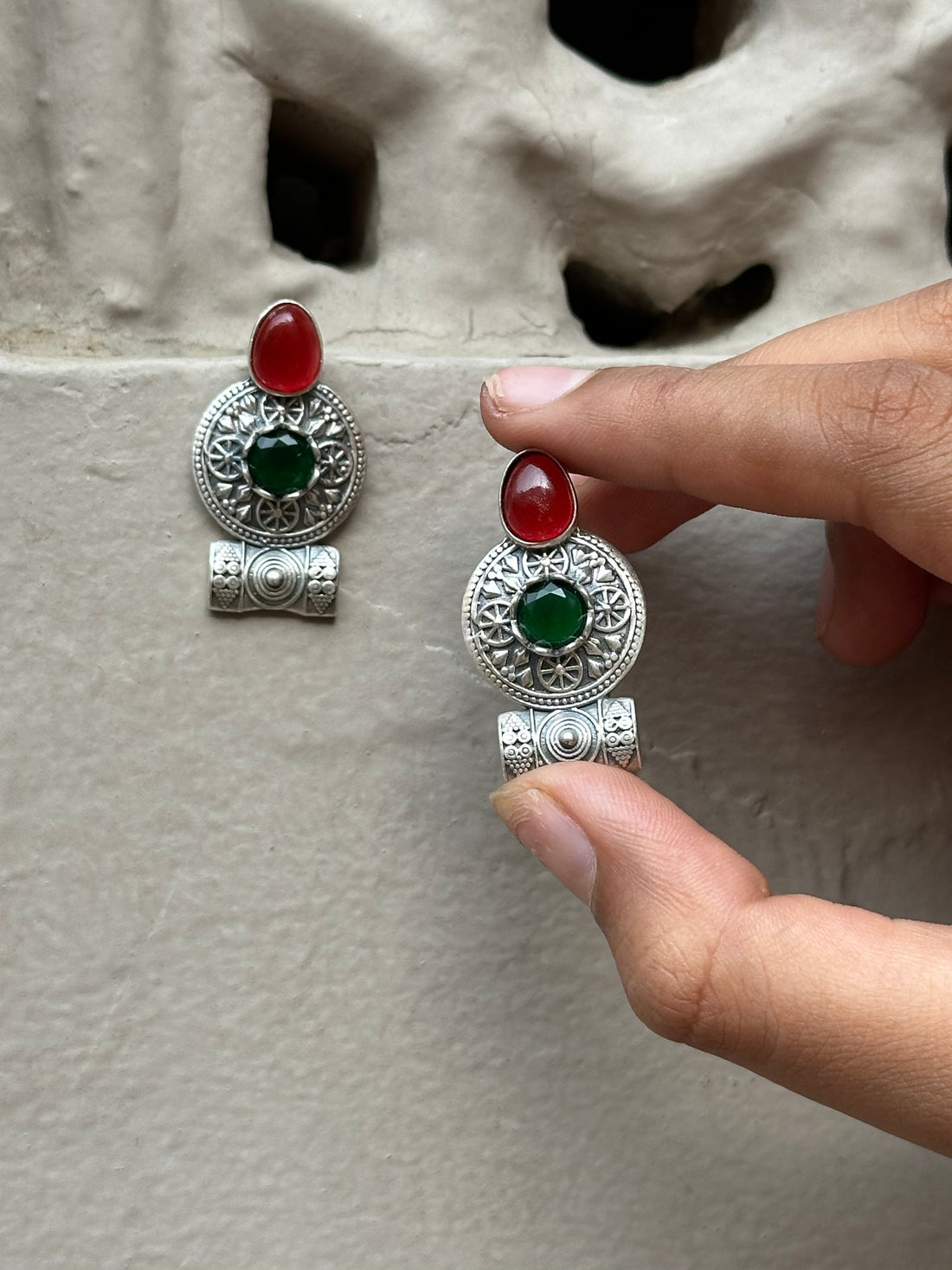 Handcrafted Tribal Silver Earrings with Stone Detailing