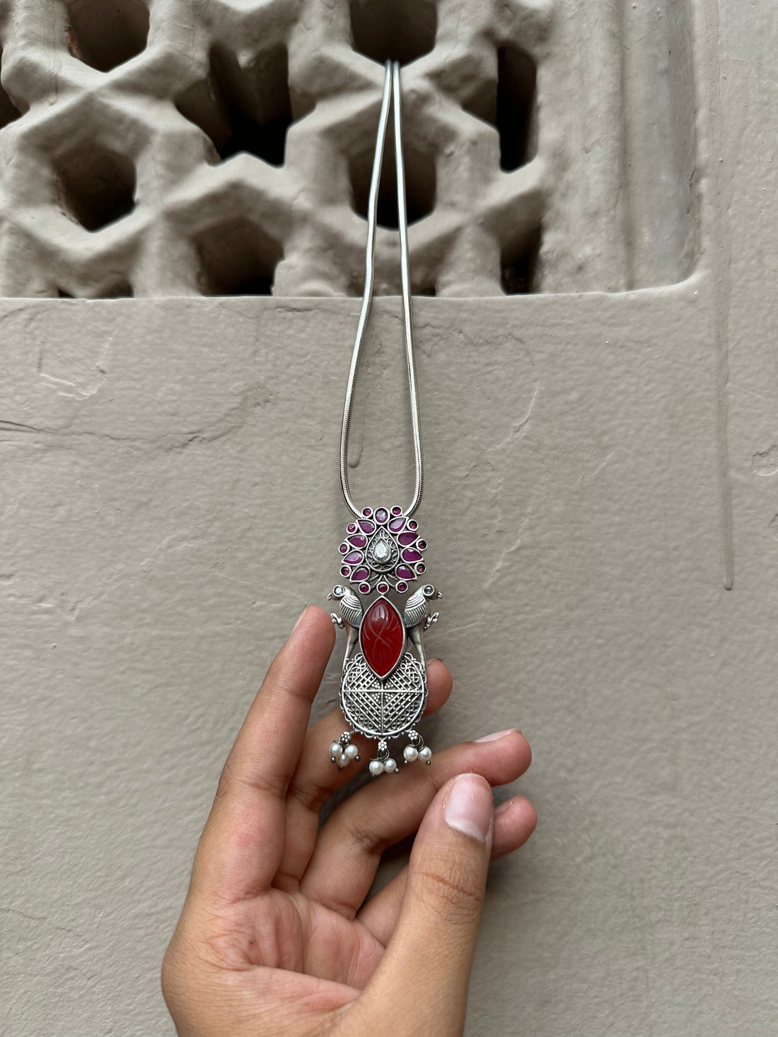 Silver Oxidised Pendant with Pearl Droplets & Chain