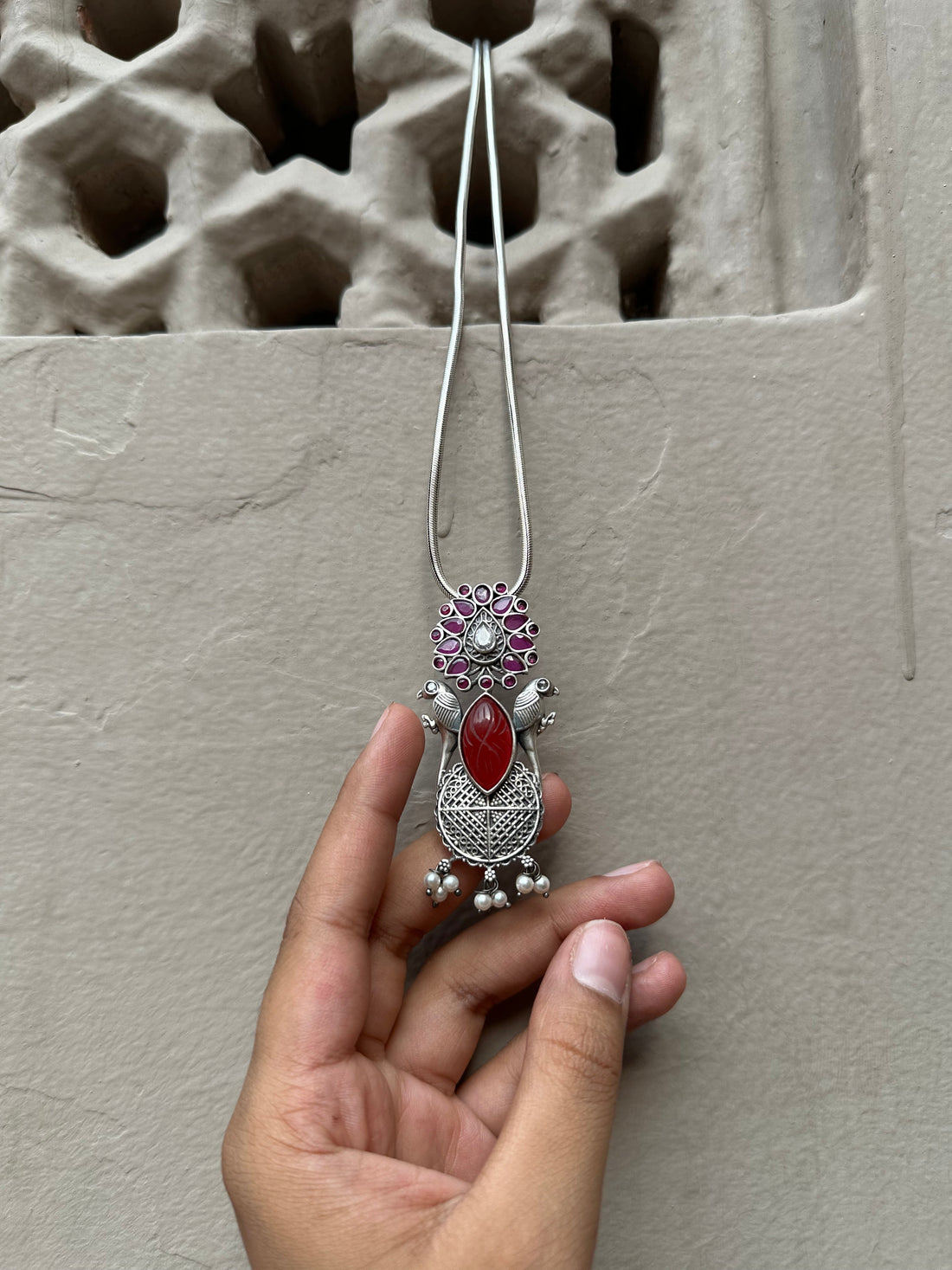 Silver Oxidised Pendant with Pearl Droplets & Chain