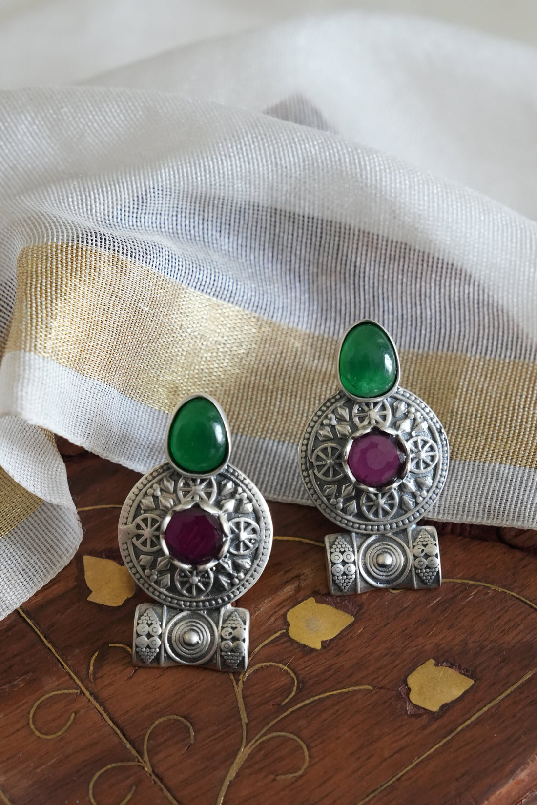 Silver Earring with Green and Purple Stones