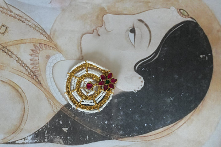 Floral Studded Silver Earring with Pearl Work