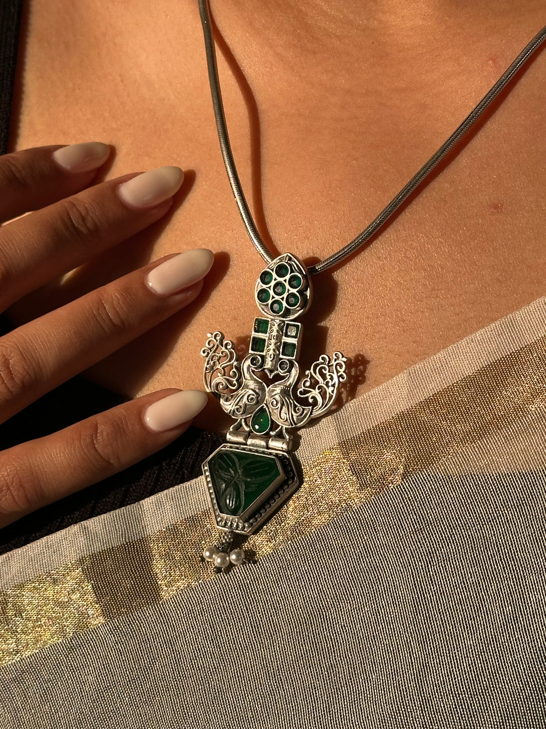 Intricately Crafted Silver Oxidised Pendant & Chain