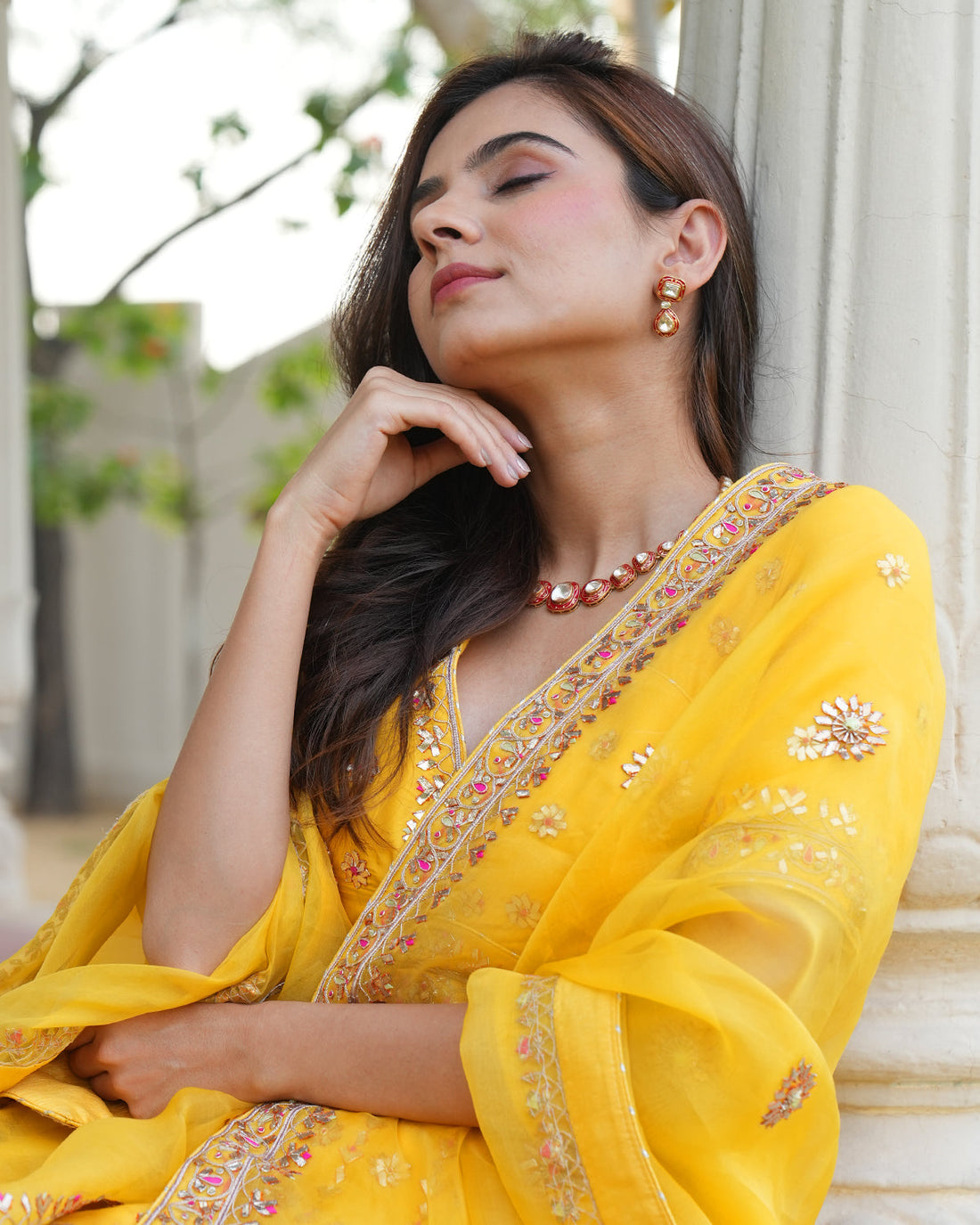 Polki Silver Necklace Set with Red Enamel