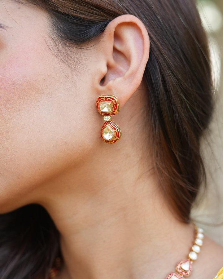 Polki Silver Necklace Set with Red Enamel