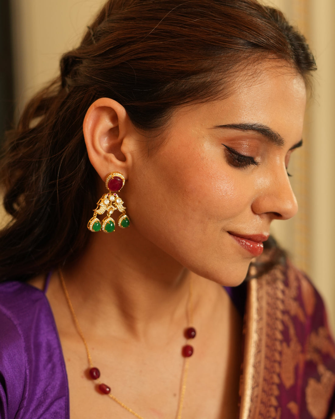 Exquisite Silver Pendant Set with Ruby, Emerald & Polki Stones