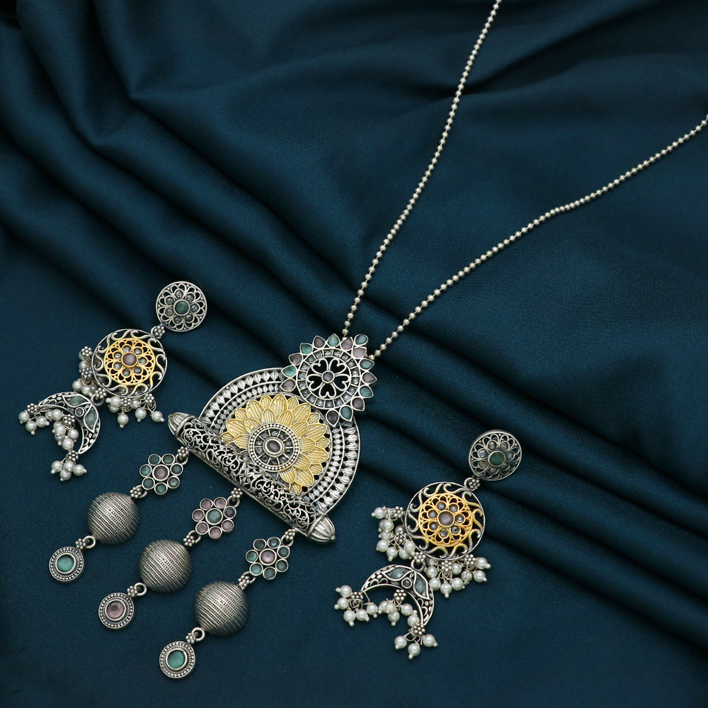 Silver Multicolor Pendant and earring Set