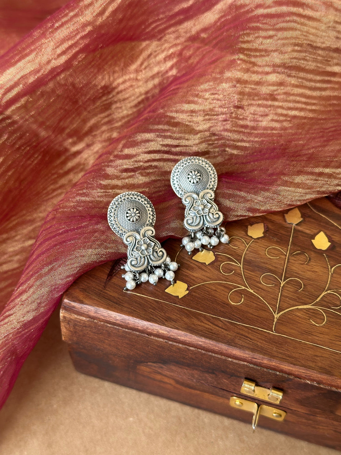 Floral Motif Silver Oxidised Earrings