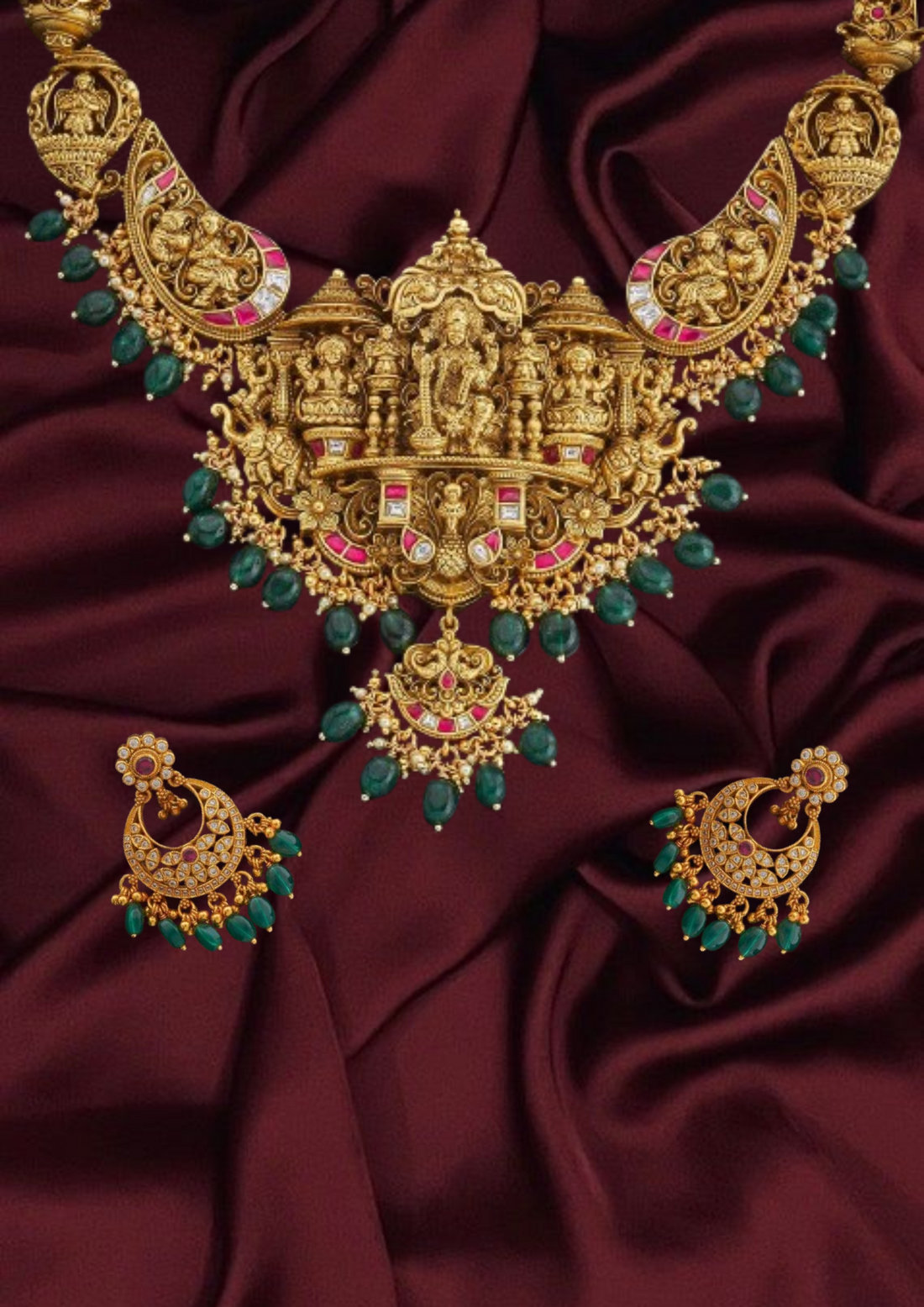South indian Silver Temple Necklace with Earrings Lakshmi and Temple Motifs