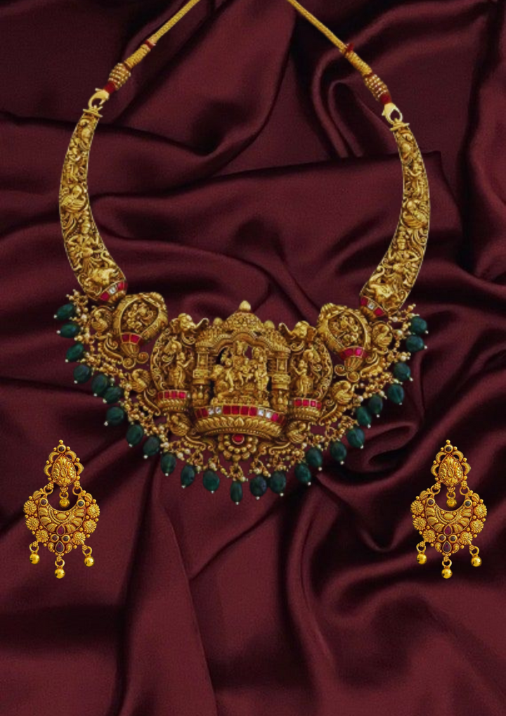 Heritage Silver Temple Necklace with Earrings Lakshmi Motifs