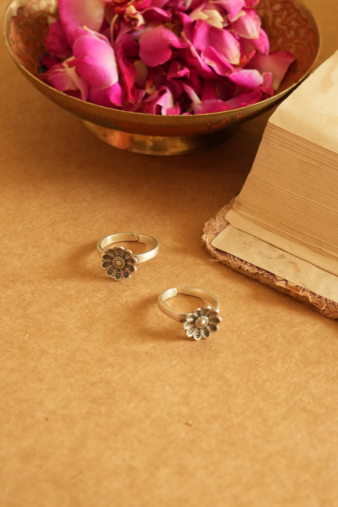 Floral Charm Oxidised Silver Toe Rings