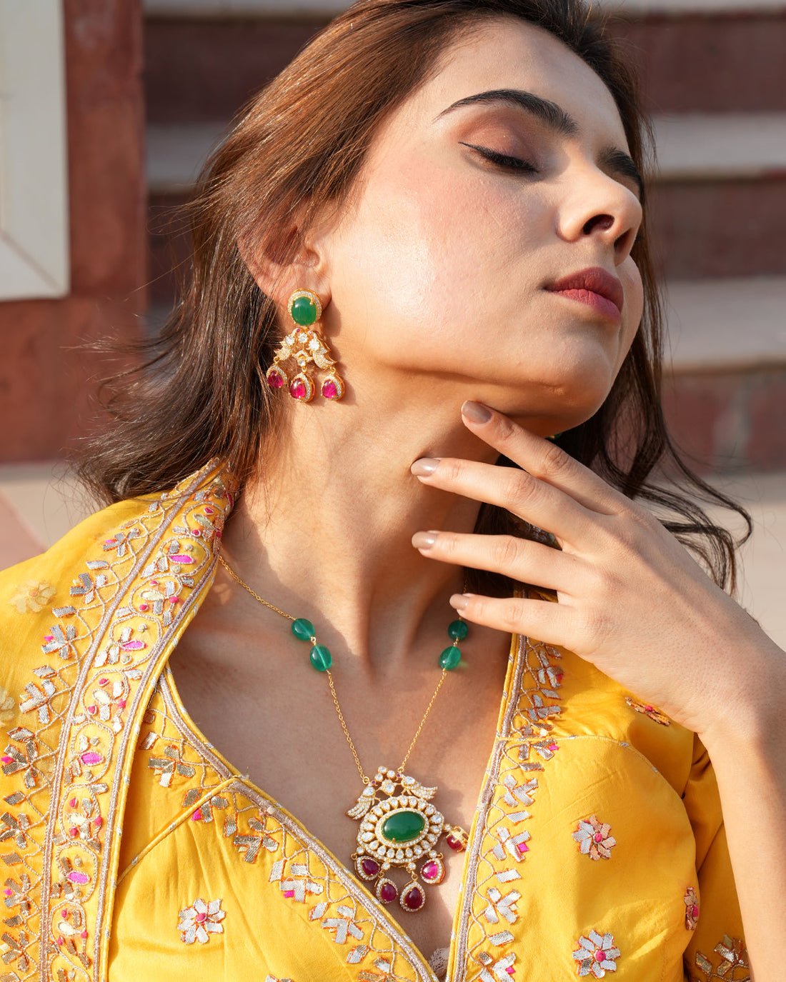 Emerald Moissanite Polki Pendant Necklace