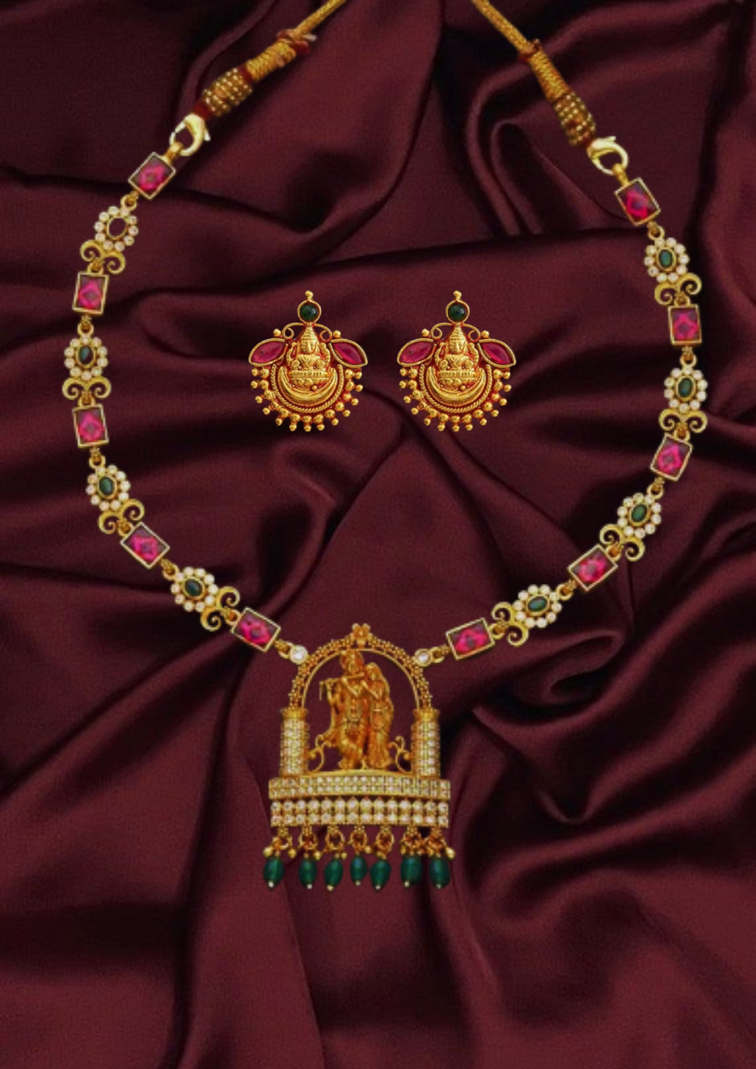 Heritage Silver Temple Necklace with Radha Krishna  Motifs