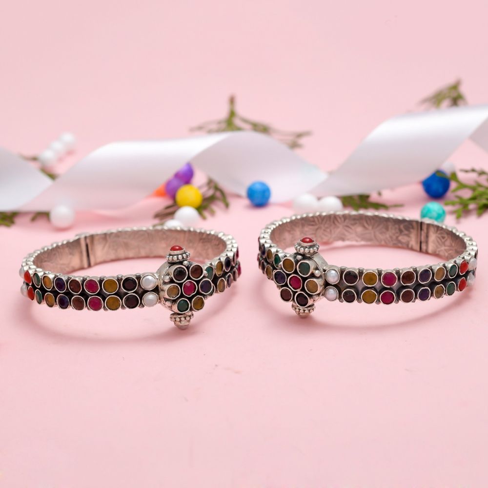 Silver Bangles With Navratna Stones