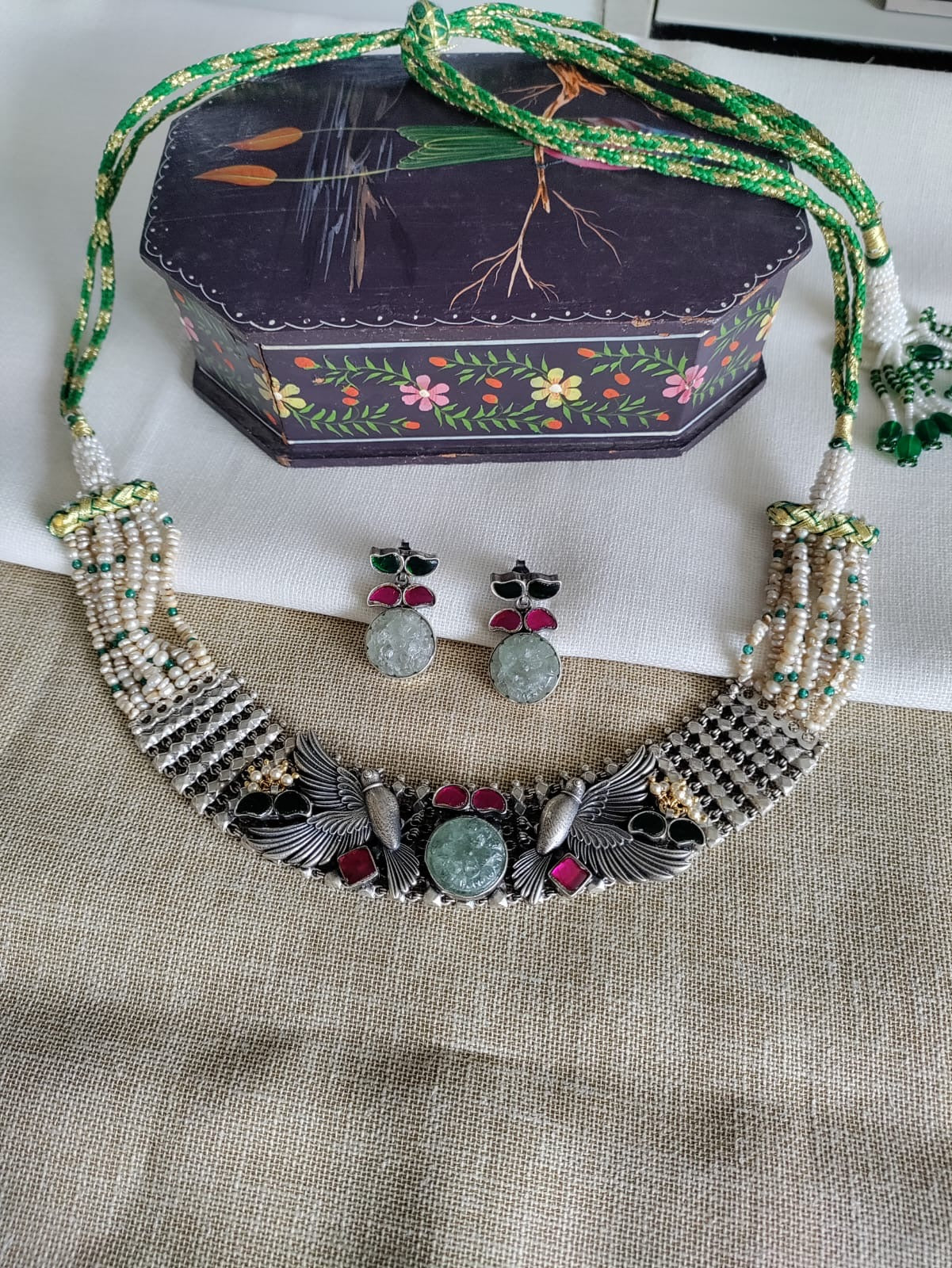 Silver green stoned choker set