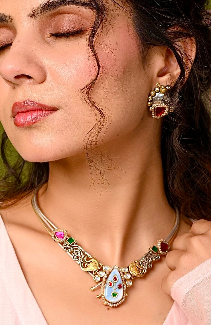 Silver Fusion Blue Stone Hasli set