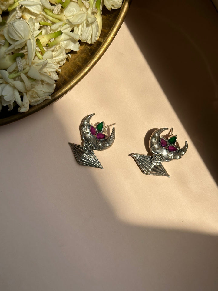 Chand Crescent Silver Oxidised Earrings