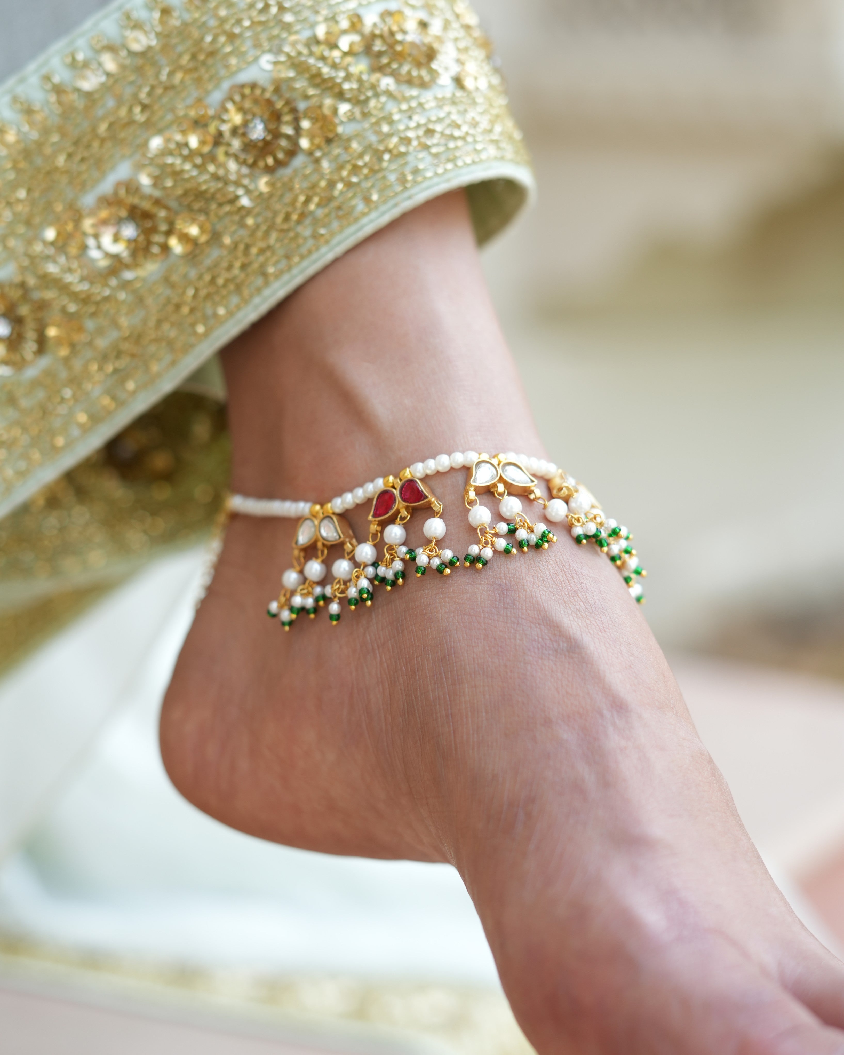 925 Silver Polki Anklet Adorned with Pearl Drops