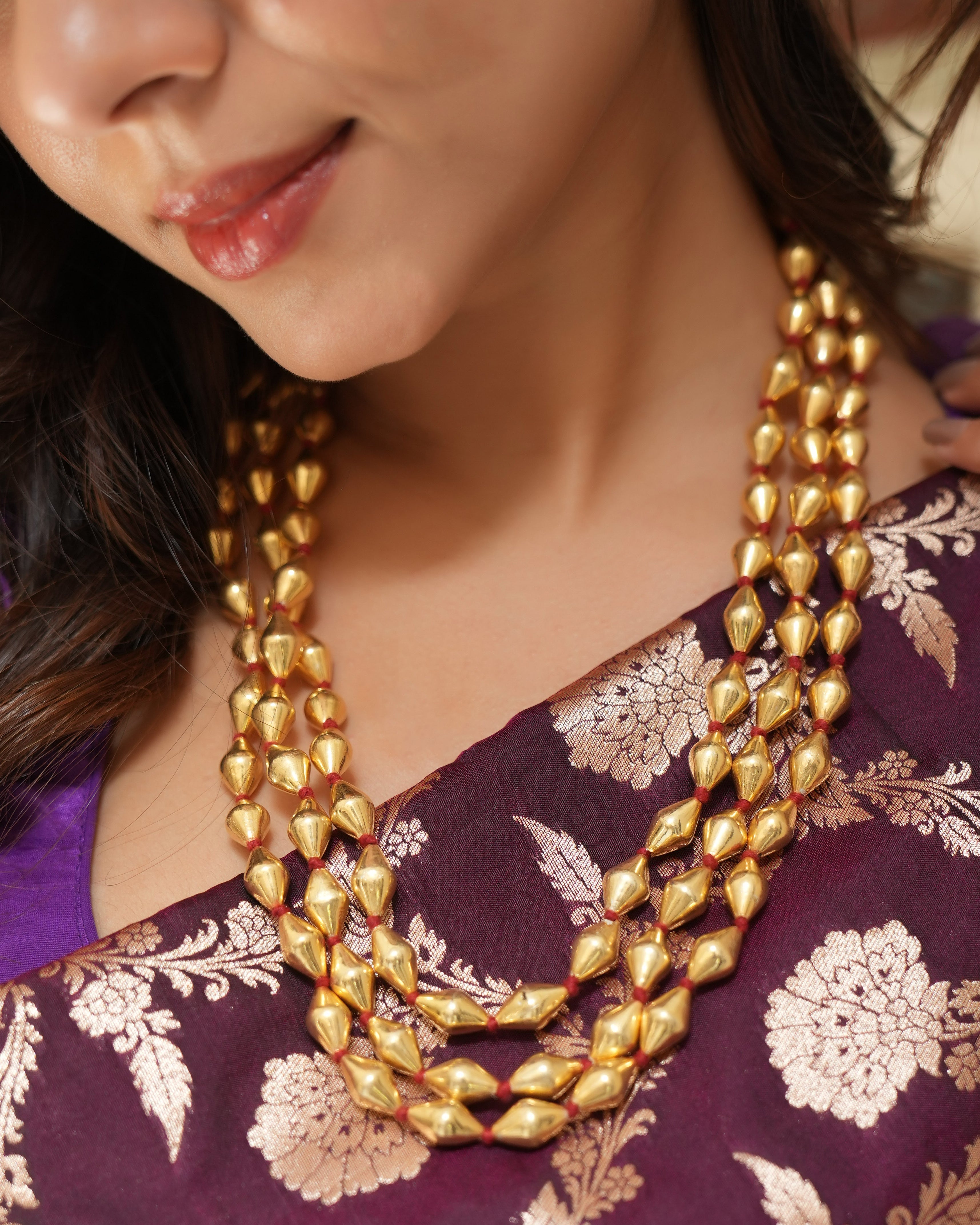 Gold Tone triple layer Dholki Necklace