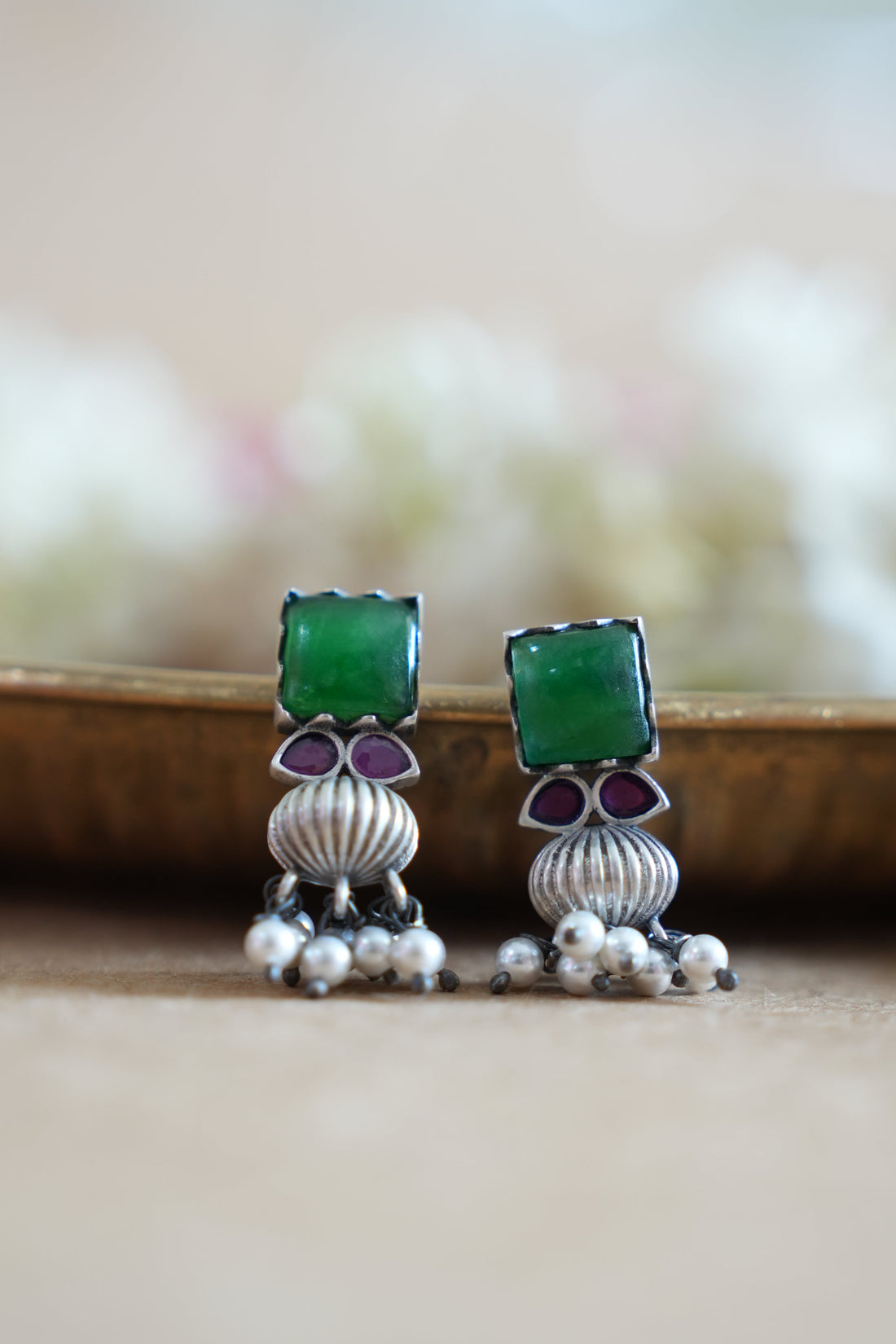 Green Stone Oxidised Silver Earrings
