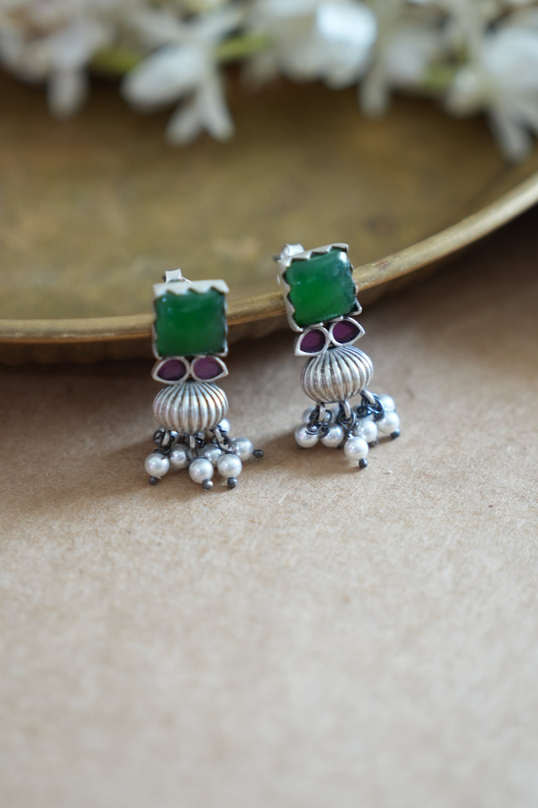 Green Stone Oxidised Silver Earrings