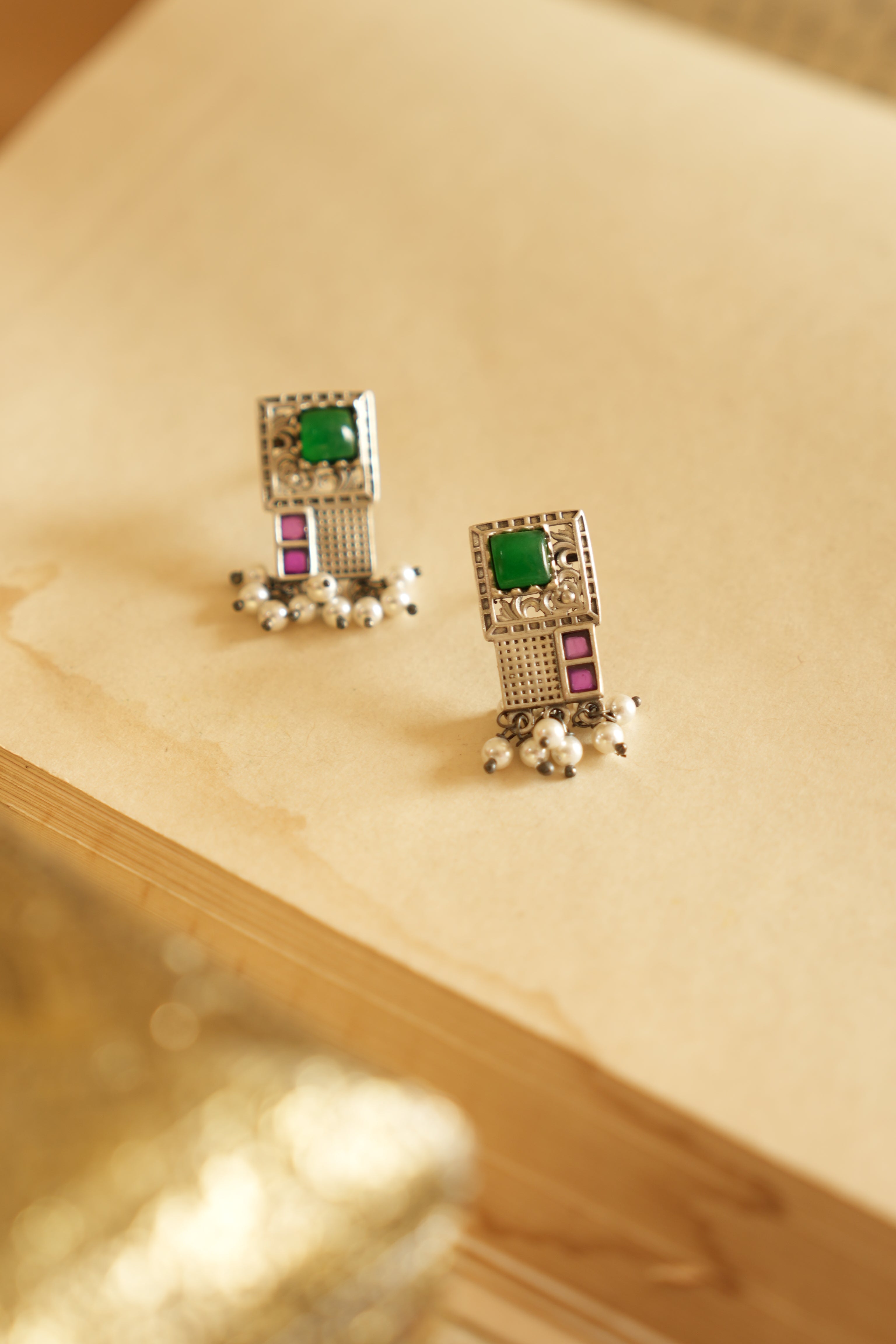 Geometric Charm Oxidised Silver Earrings