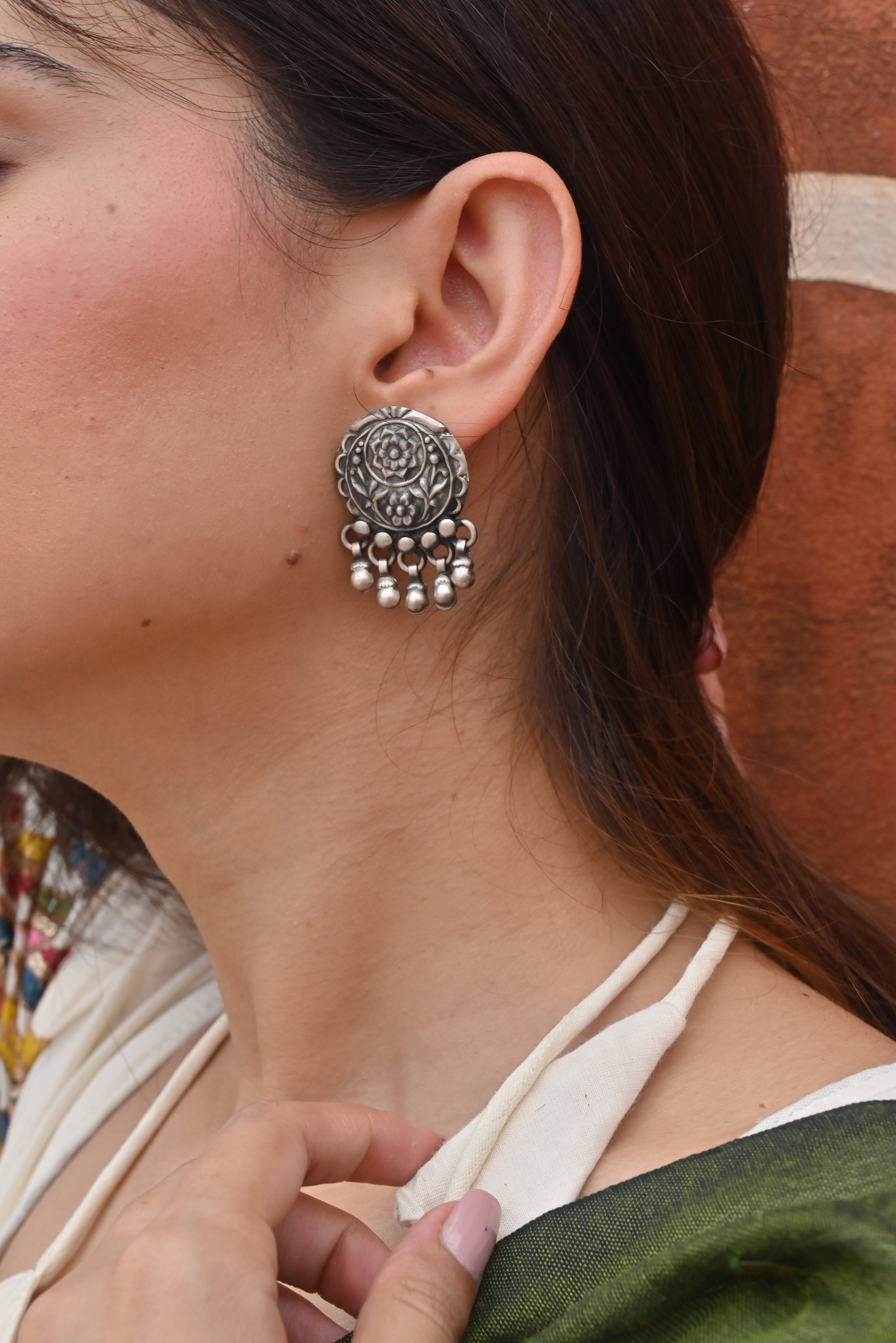 Silver Floral Bells Studs