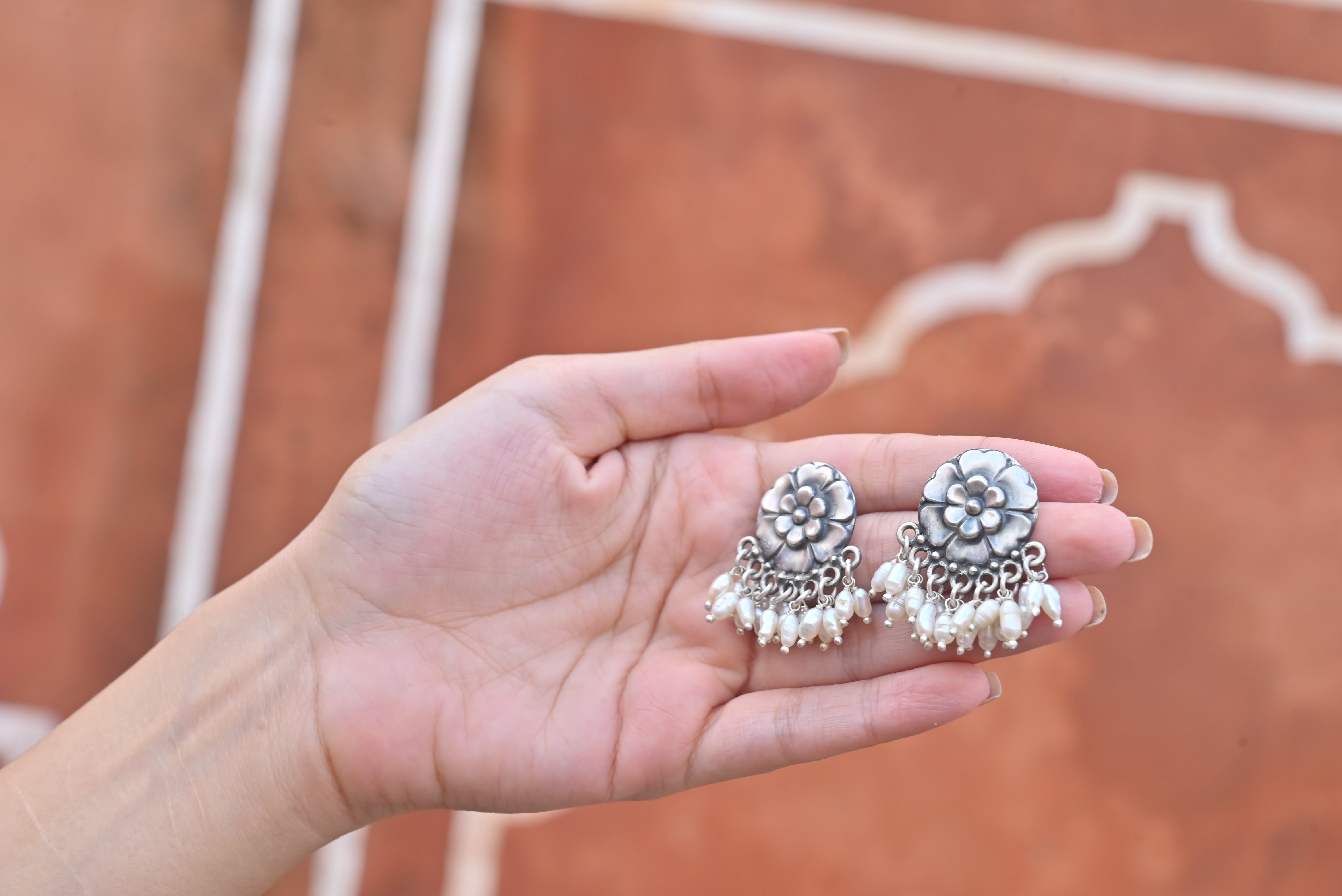 Silver Pearl Flower Earrings