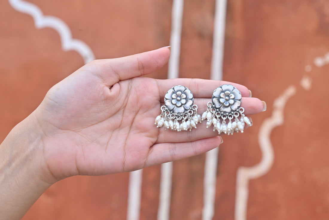 Silver Pearl Flower Earrings