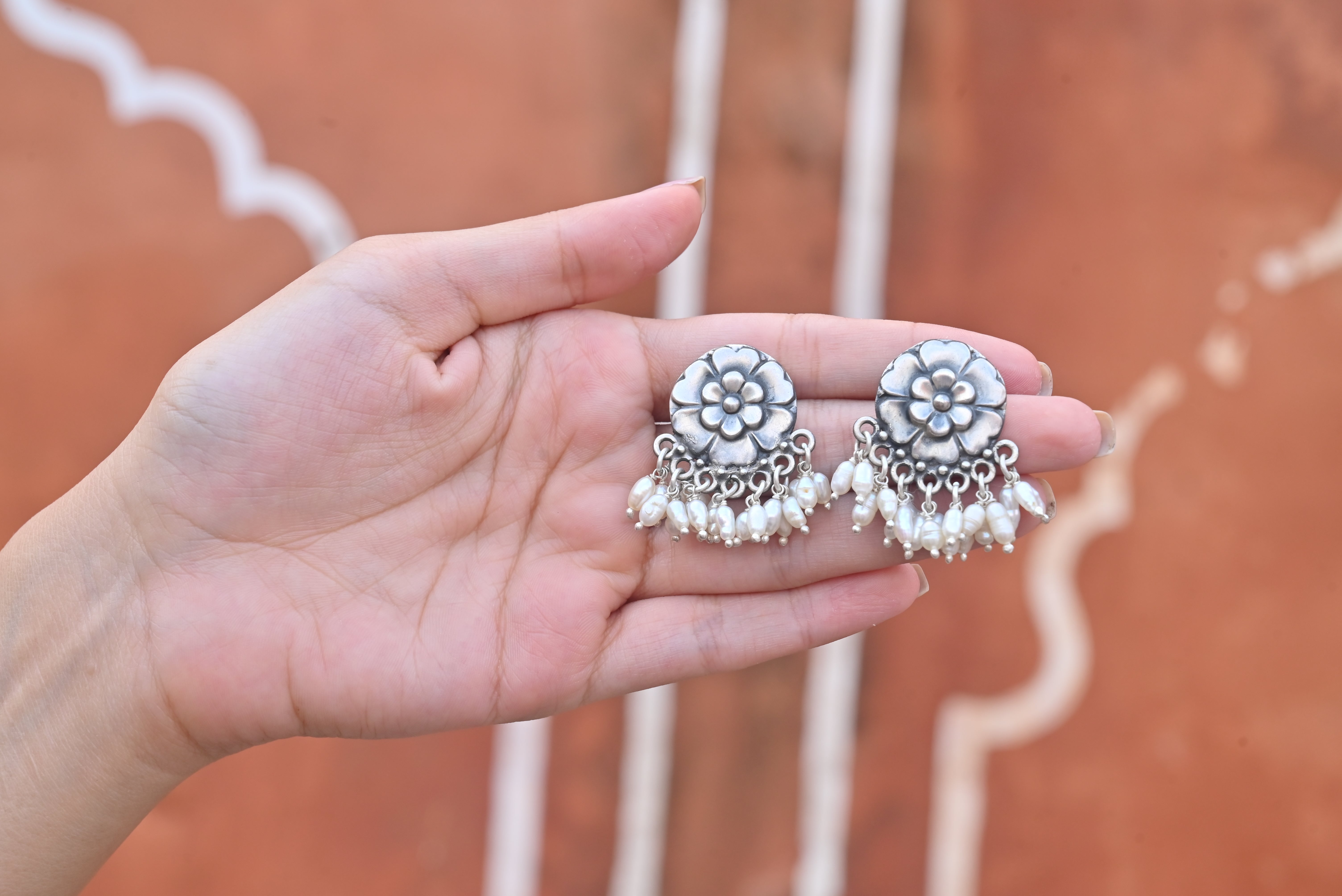 Silver Pearl Flower Earrings