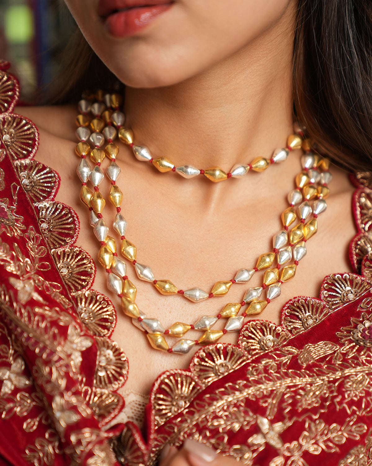 Dual Tone Triple Layer Dholki Necklace