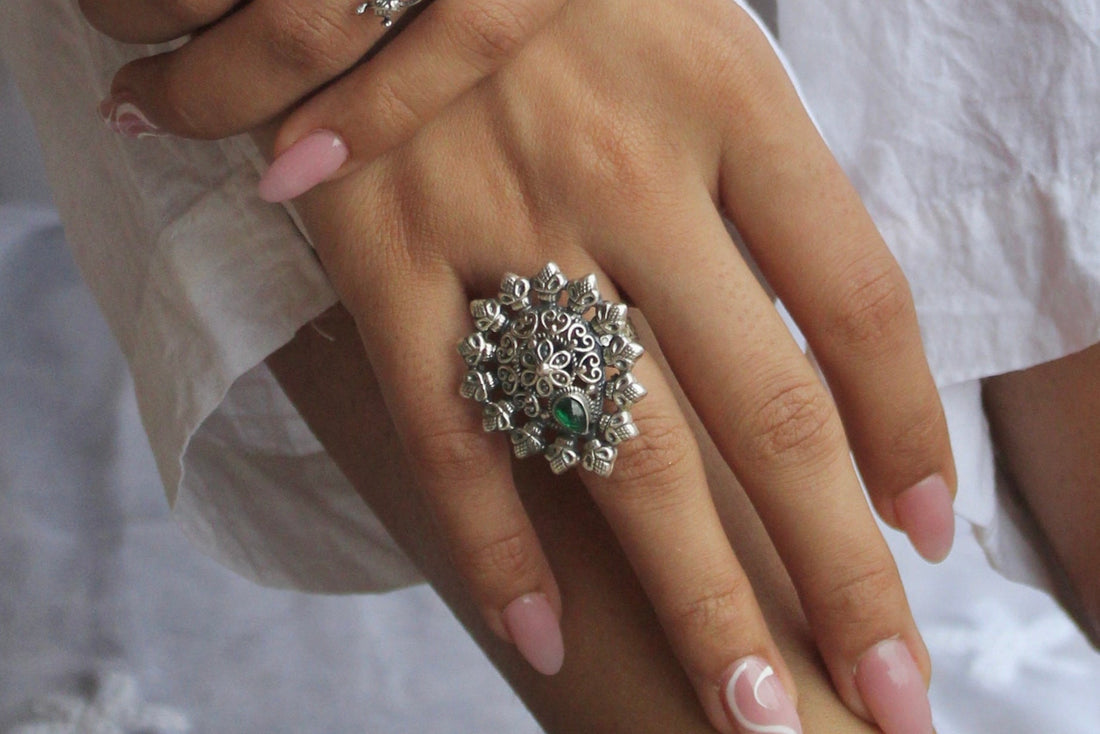 Silver Emerald drop shape Ring