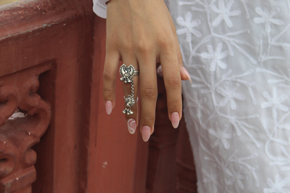 Silver Twin Ring With Moon & Ghungroo