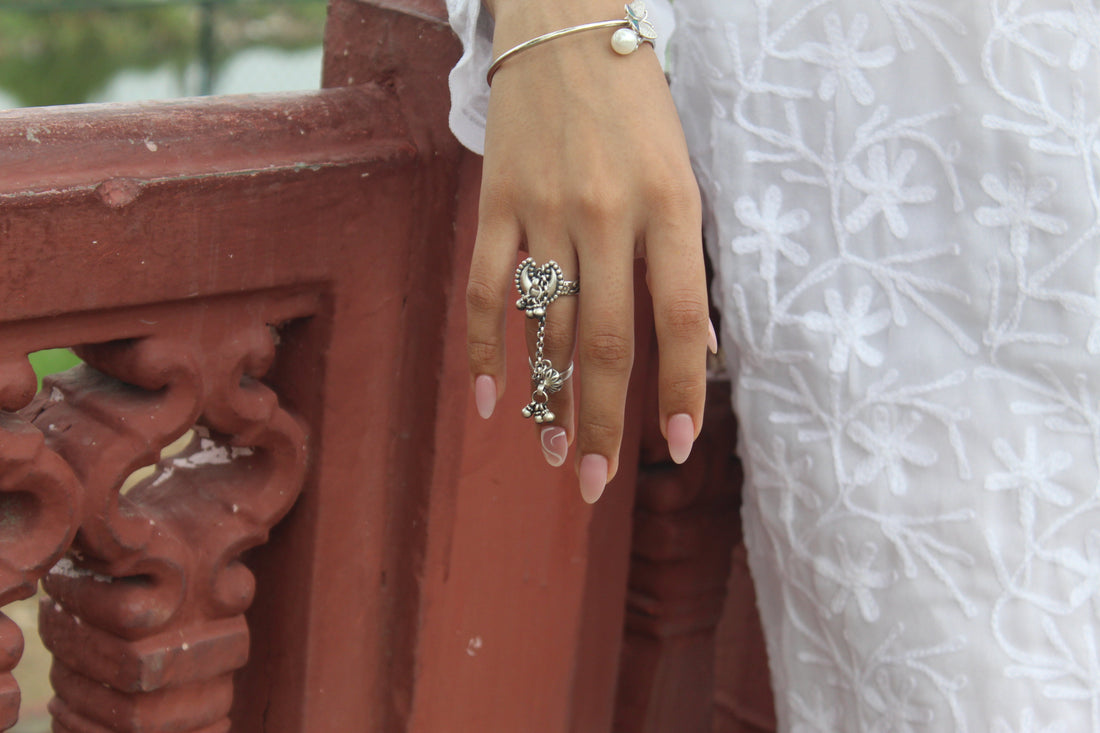 Silver Twin Ring With Moon & Ghungroo