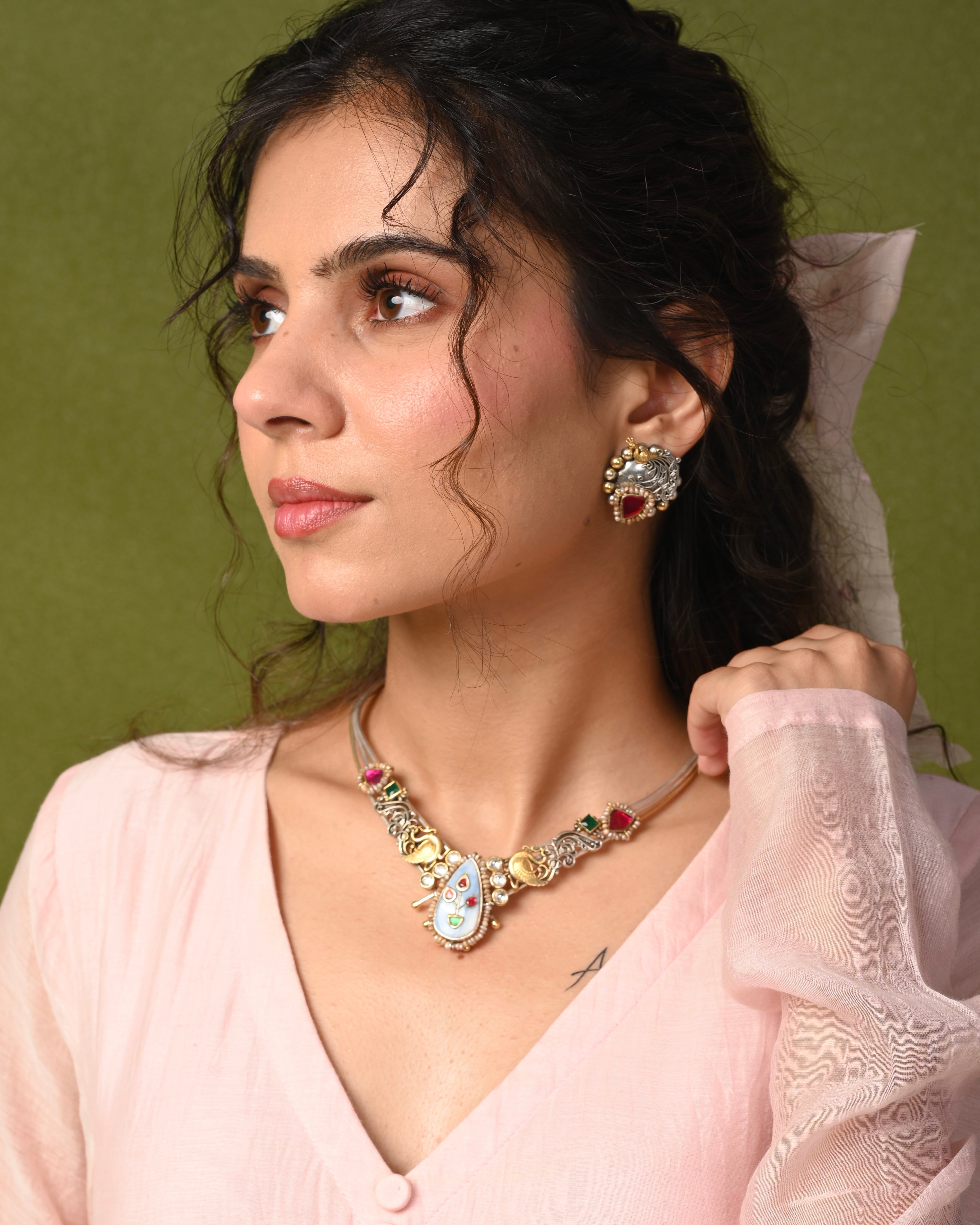 Silver Fusion Blue Stone Hasli set