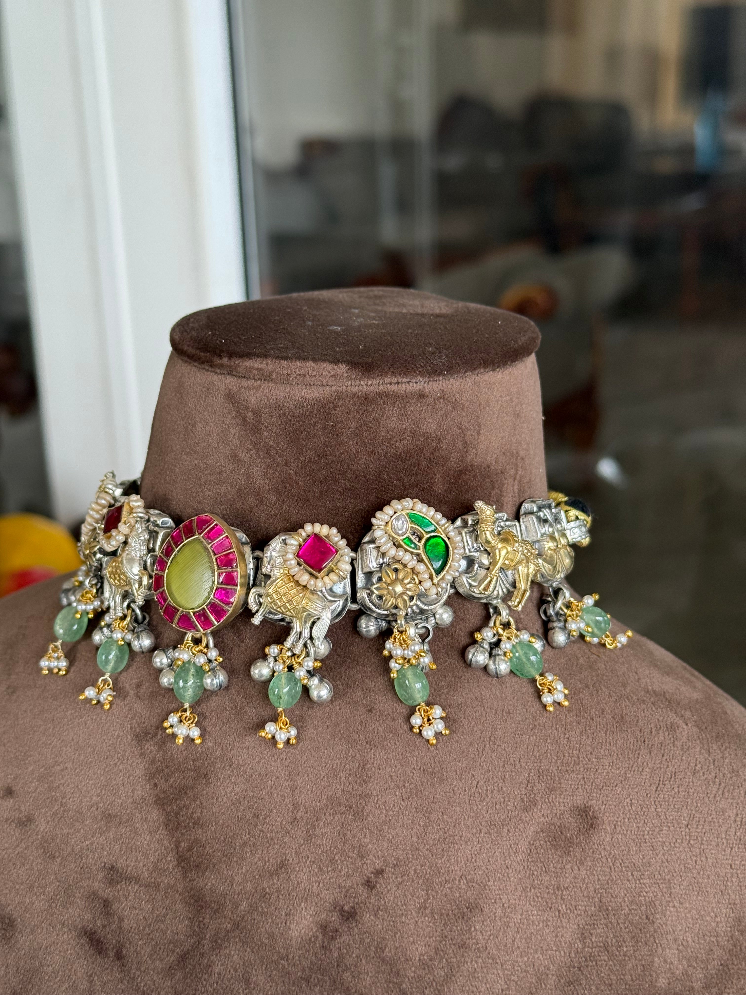 Silver Nawabi charm choker set with earrings