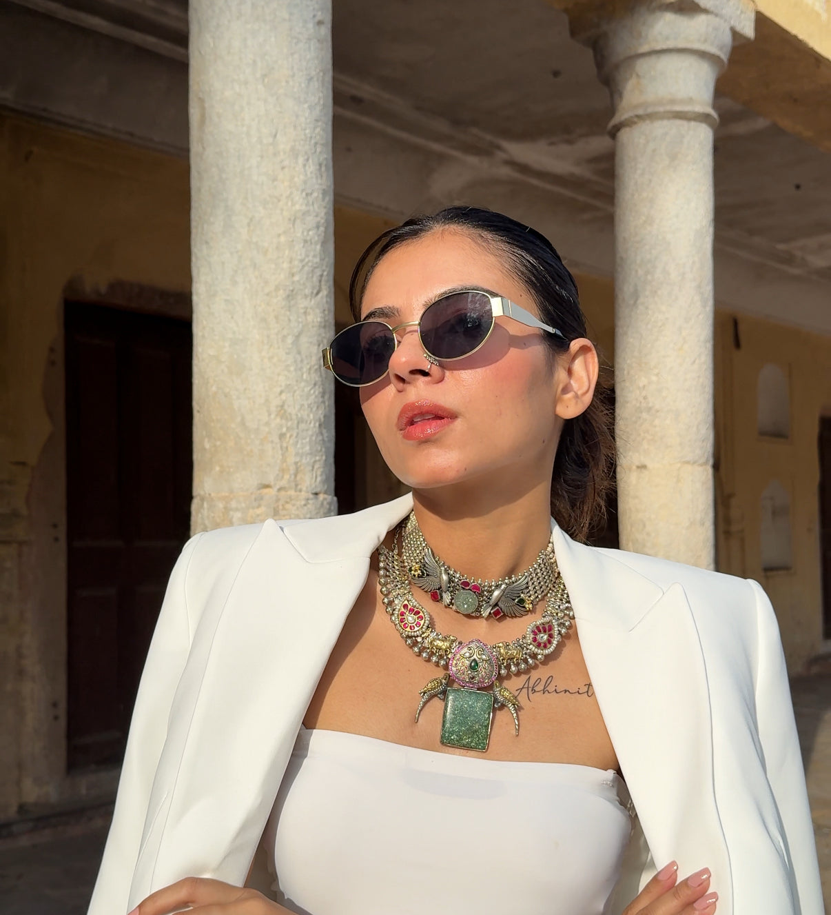 Silver green stoned choker set