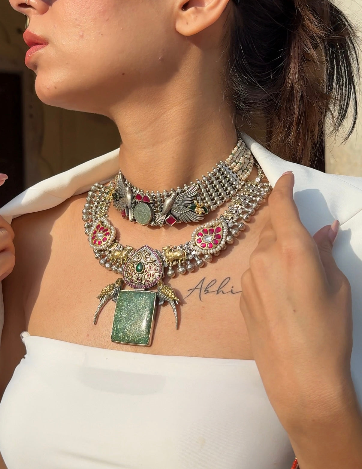 Silver green stoned choker set